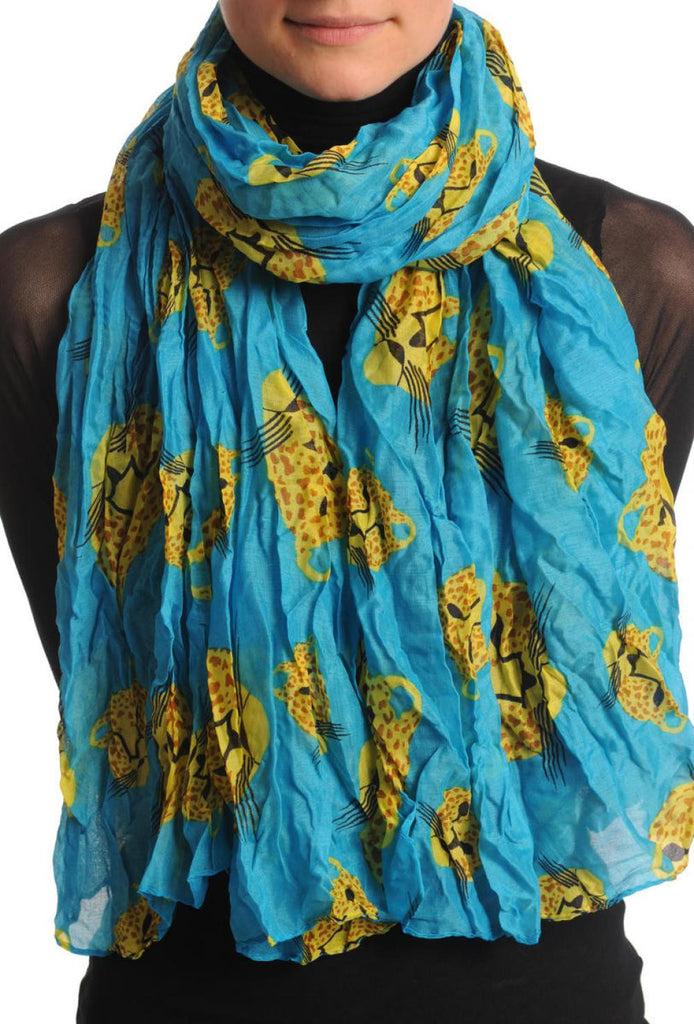 Liss Kiss Yellow & Brown Leopard On Blue - Scarf