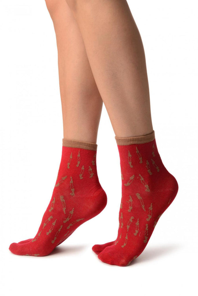 Liss Kiss Little Fish On Red Japanese Ankle High Socks - Socks