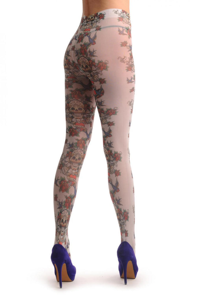 Liss Kiss Love & Desire Skull With Roses & Birds - Tights