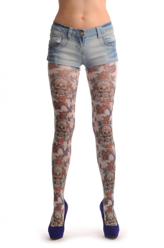Liss Kiss Love & Desire Skull With Roses & Birds - Tights