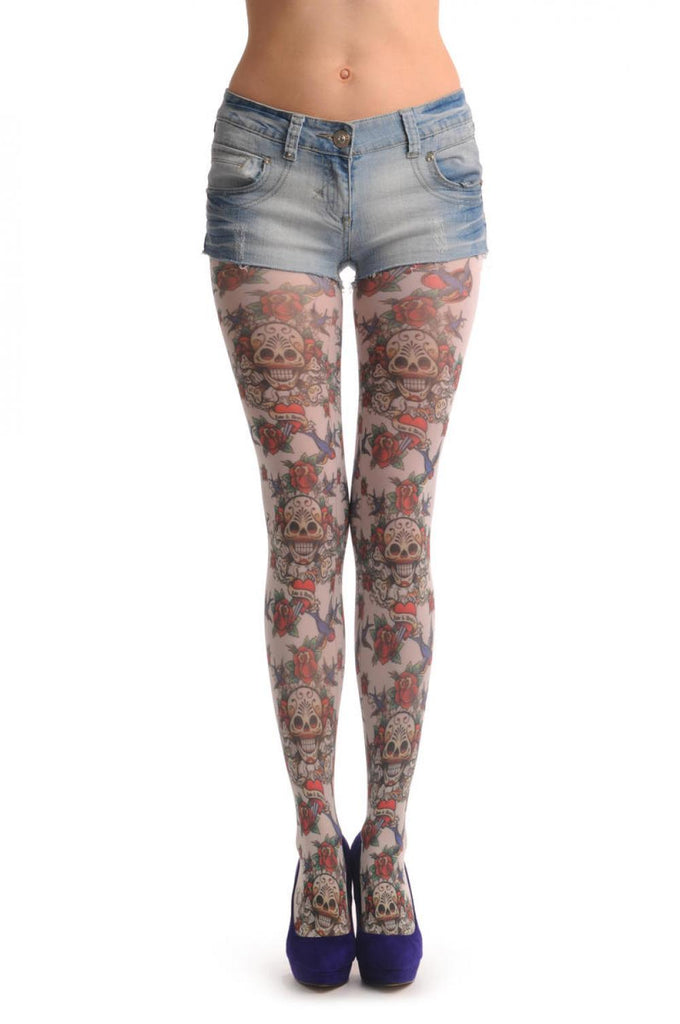 liss kiss Love & Desire Skull With Roses & Birds - Tights