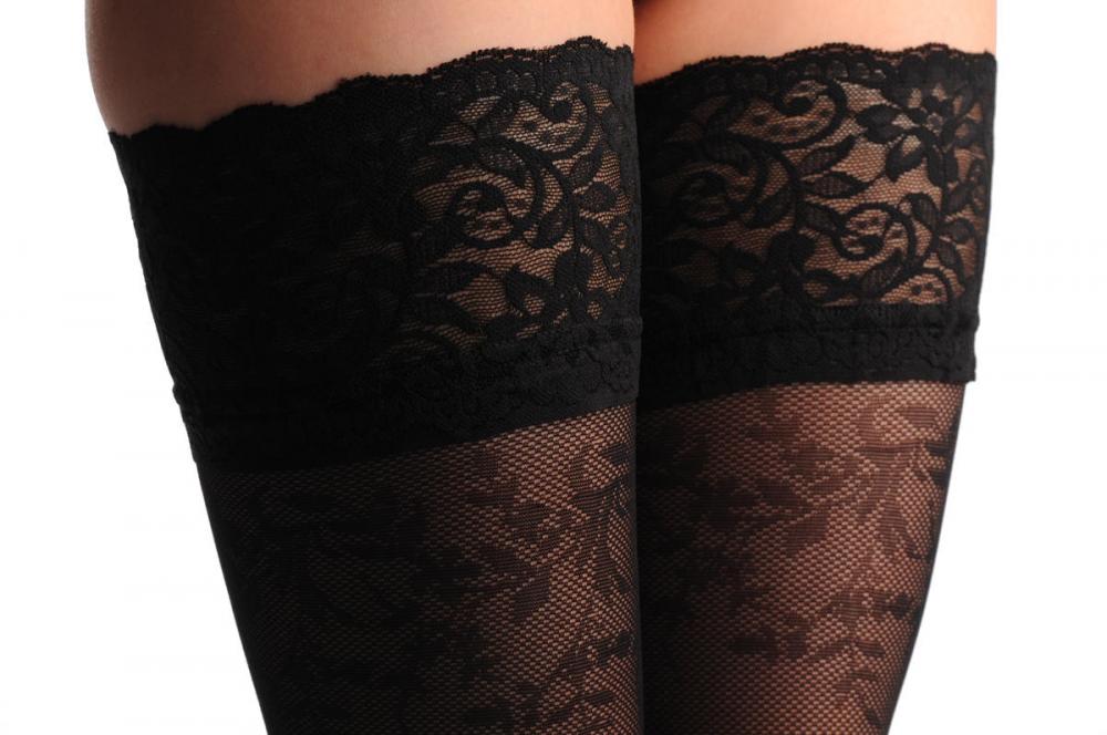 Liss Kiss Luxurious Black Mesh With Black Flowers Top & Floral Silicon Garter - Hold Ups