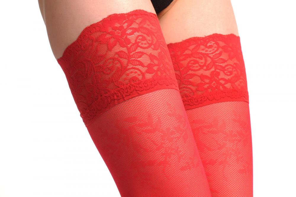 Liss Kiss Luxurious Red Mesh With Red Flowers Top & Floral Silicon Garter - Hold Ups