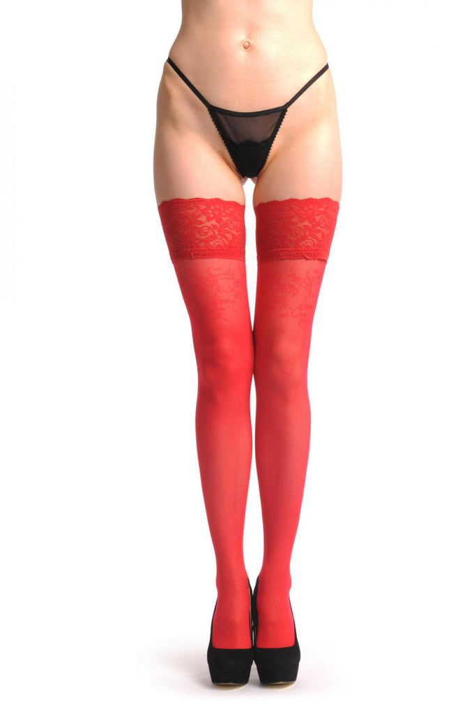 Liss Kiss Luxurious Red Mesh With Red Flowers Top & Floral Silicon Garter - Hold Ups