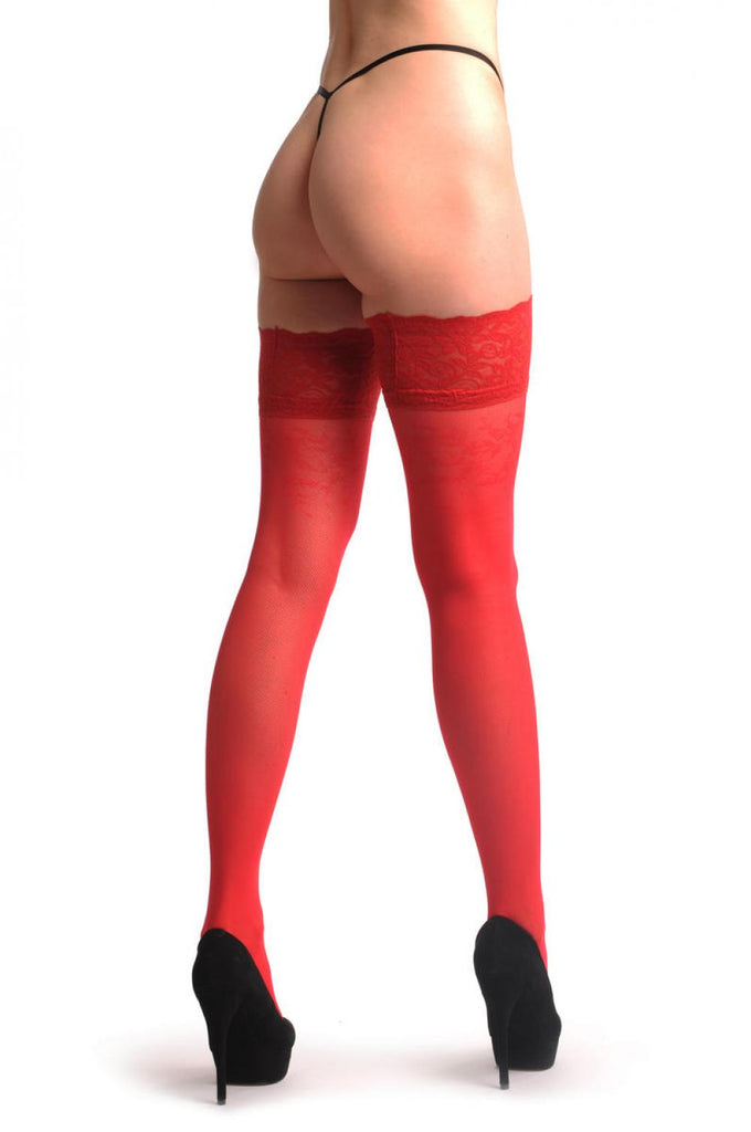 Liss Kiss Luxurious Red Mesh With Red Flowers Top & Floral Silicon Garter - Hold Ups