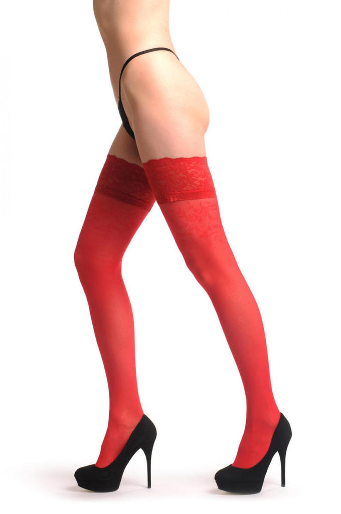 liss kiss Luxurious Red Mesh With Red Flowers Top & Floral Silicon Garter - Hold Ups