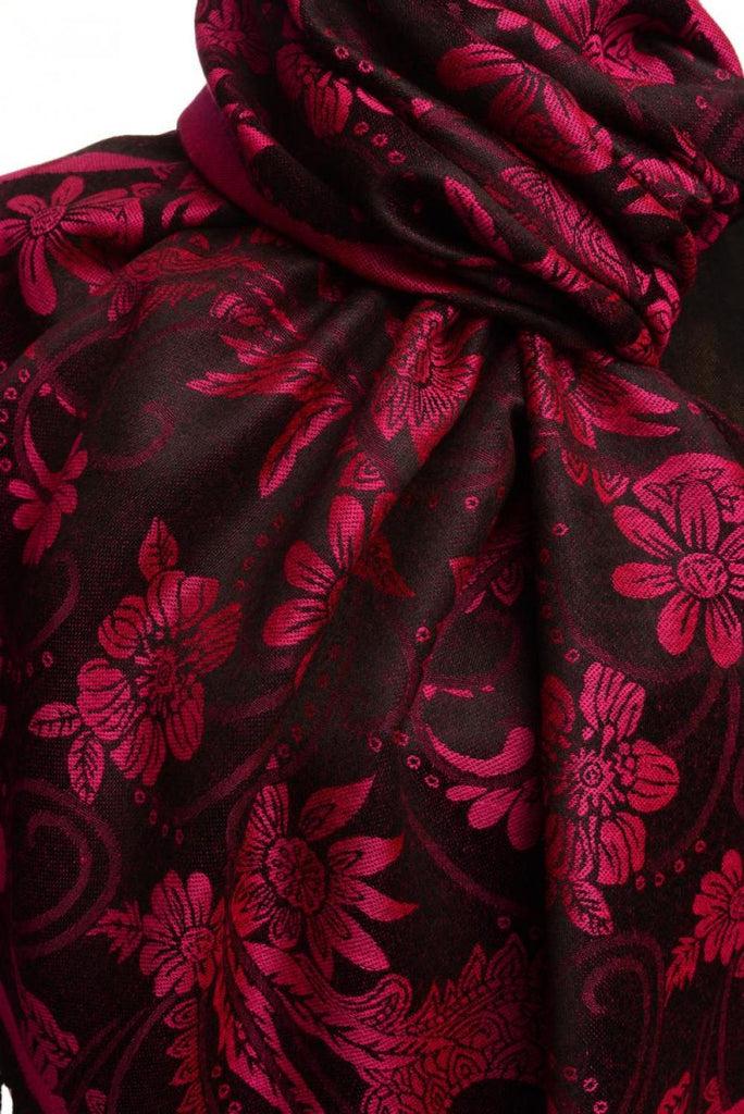 Liss Kiss Magenta Garden Flowers On Black Pashmina With Tassels - Scarf