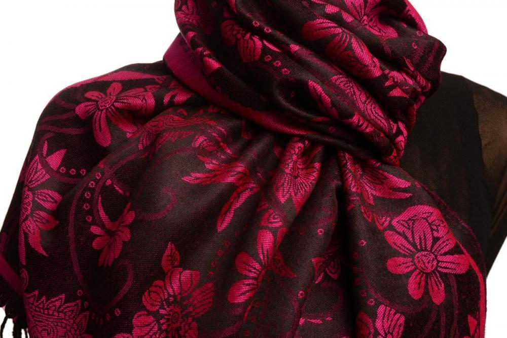Liss Kiss Magenta Garden Flowers On Black Pashmina With Tassels - Scarf