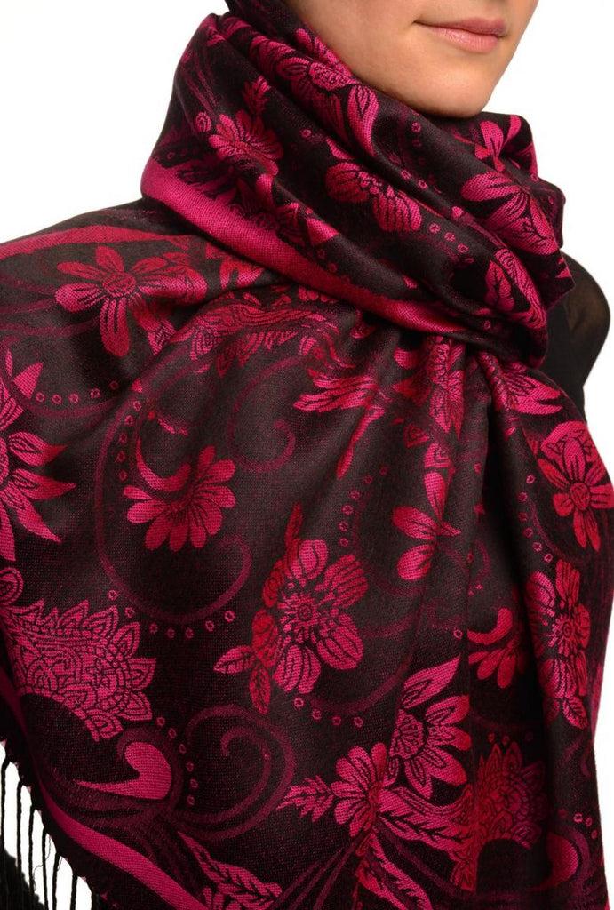 Liss Kiss Magenta Garden Flowers On Black Pashmina With Tassels - Scarf