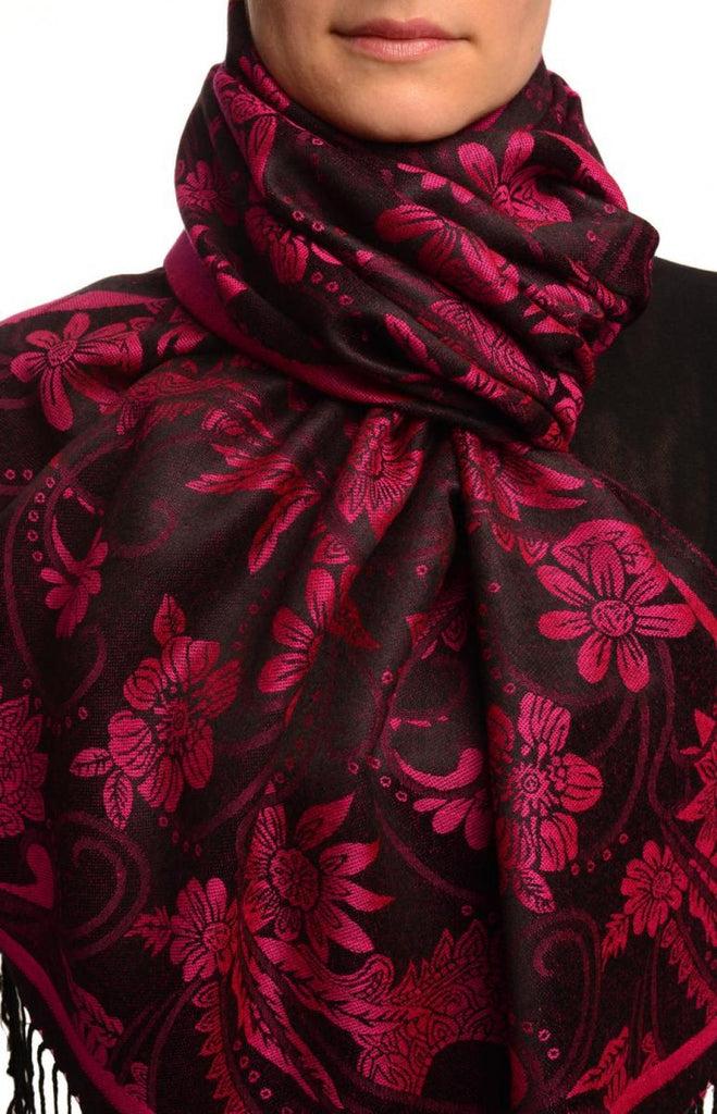 liss kiss Magenta Garden Flowers On Black Pashmina With Tassels - Scarf
