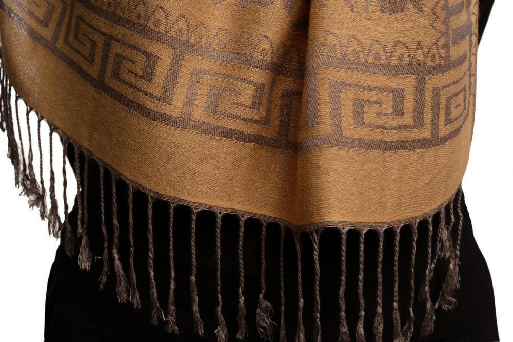 Liss Kiss Meander & Paisleys On Beige Pashmina Feel With Tassels - Scarf