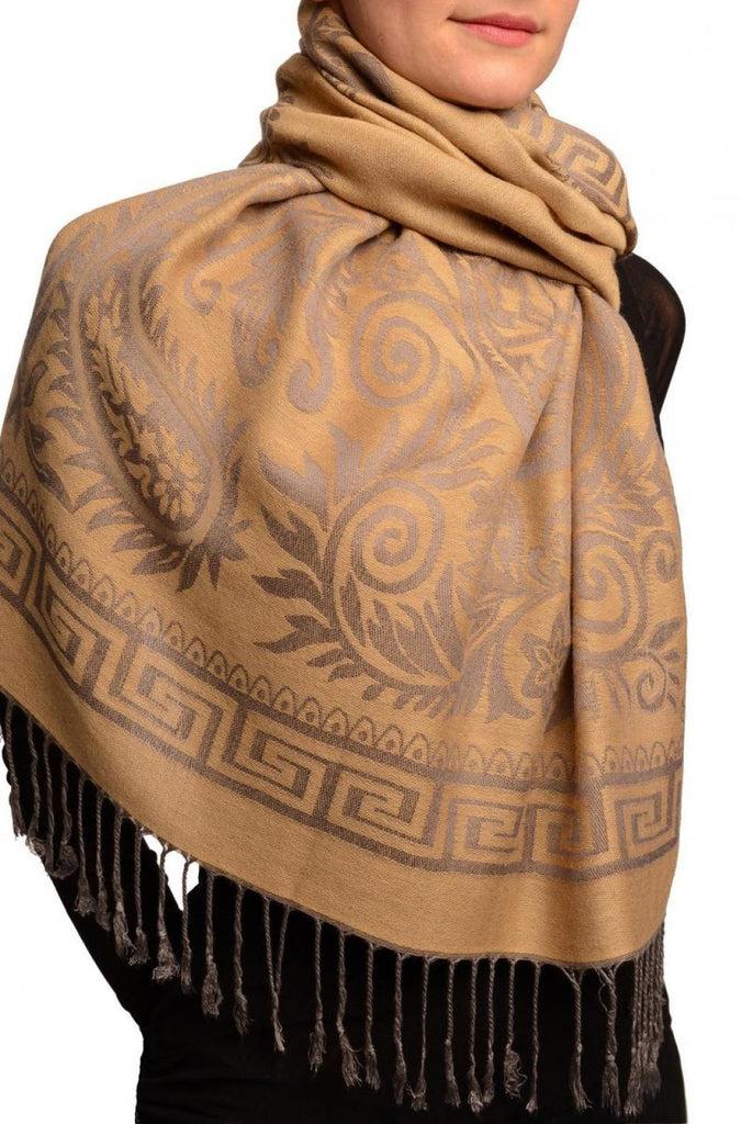 Liss Kiss Meander & Paisleys On Beige Pashmina Feel With Tassels - Scarf