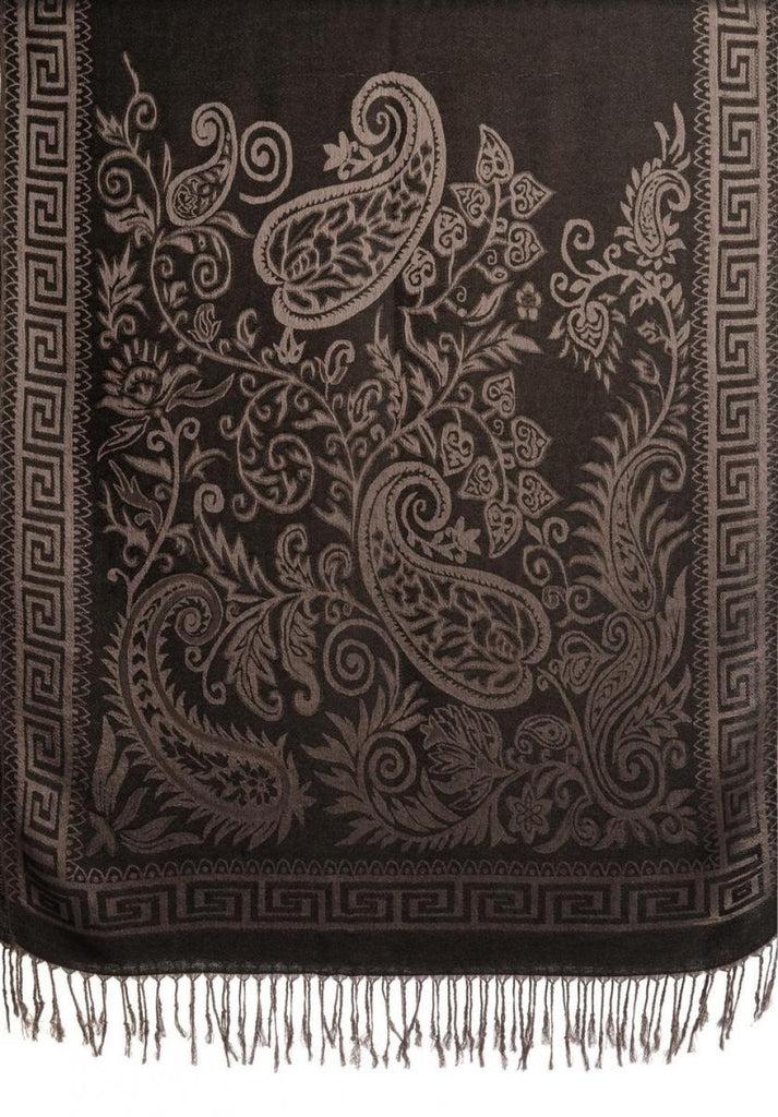 Liss Kiss Meander & Paisleys On Black Pashmina Feel With Tassels - Scarf