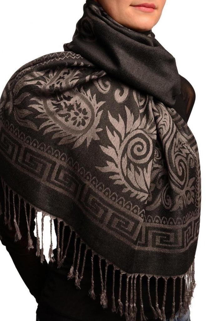 Liss Kiss Meander & Paisleys On Black Pashmina Feel With Tassels - Scarf