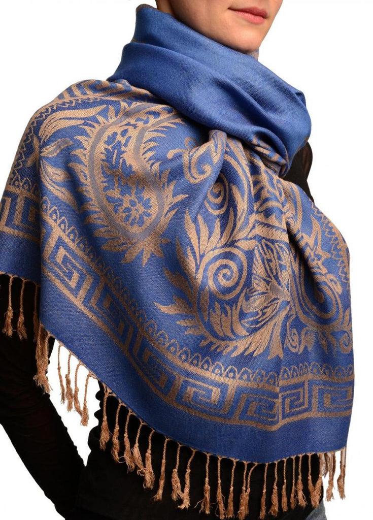 Liss Kiss Meander & Paisleys On Blue Pashmina Feel With Tassels - Scarf