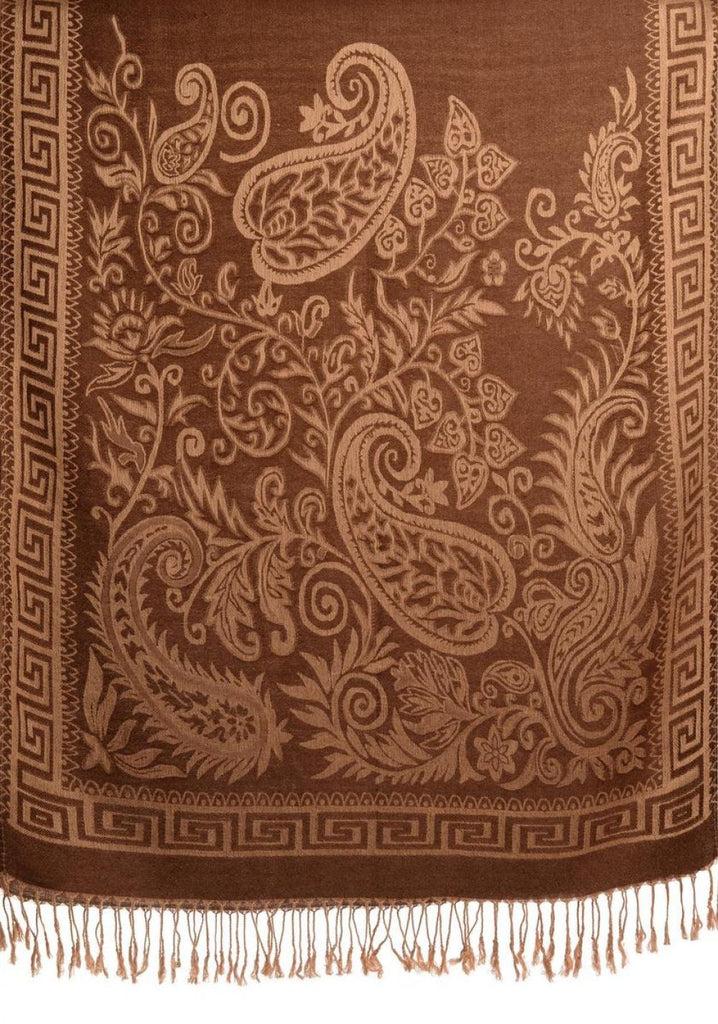 Liss Kiss Meander & Paisleys On Brown Pashmina Feel With Tassels - Scarf