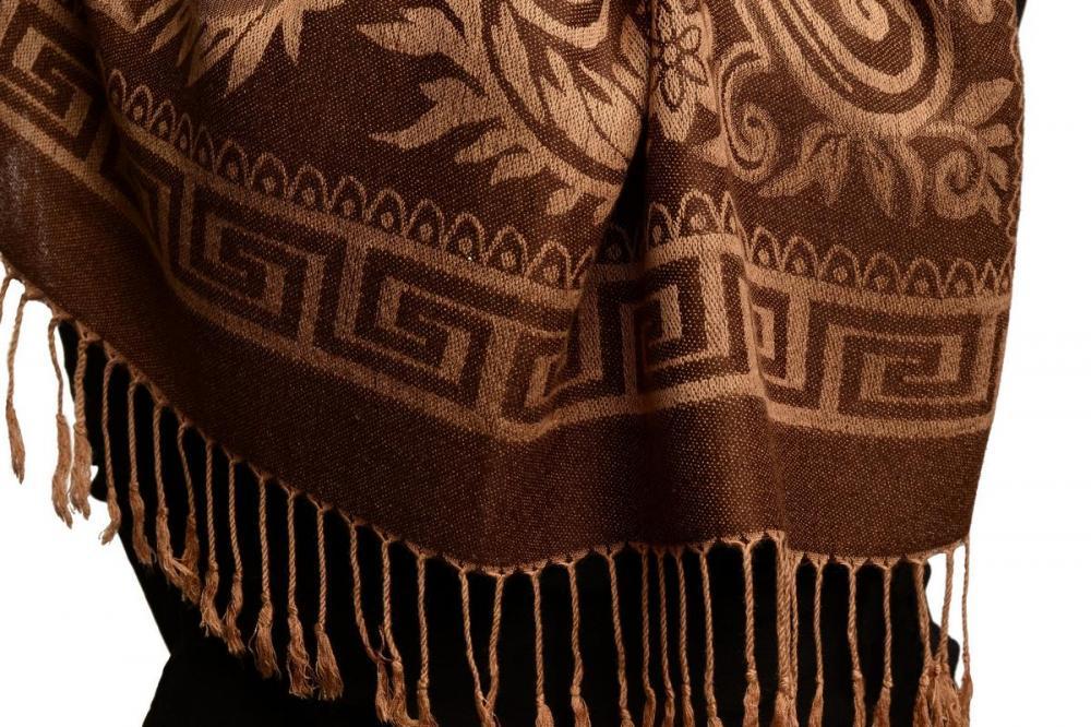 Liss Kiss Meander & Paisleys On Brown Pashmina Feel With Tassels - Scarf