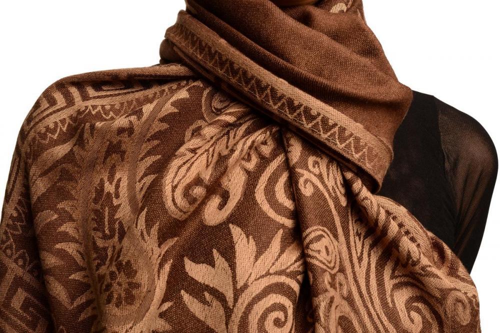 Liss Kiss Meander & Paisleys On Brown Pashmina Feel With Tassels - Scarf