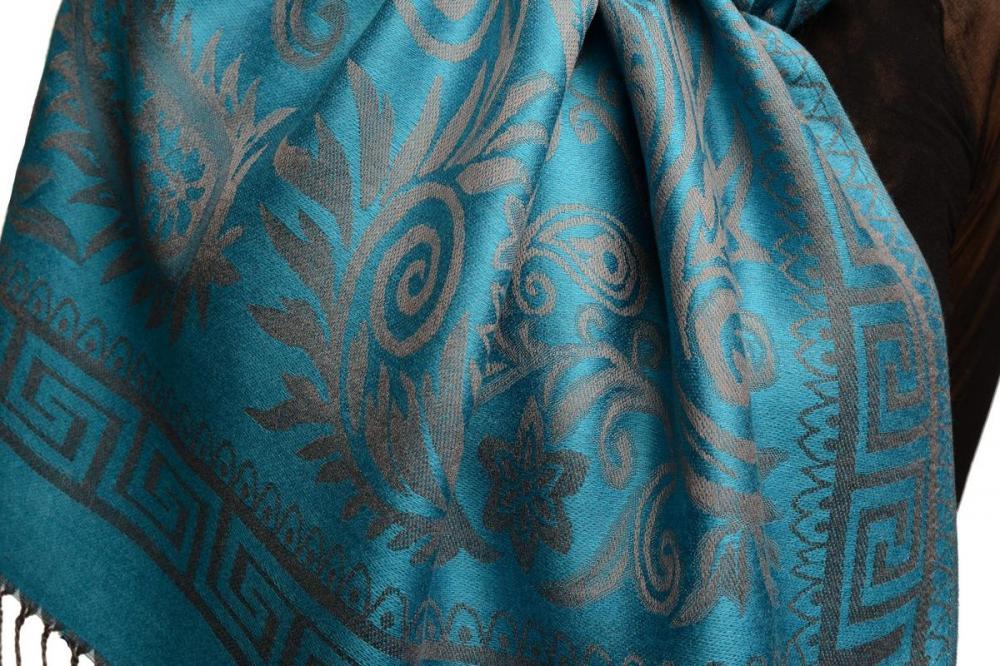 Liss Kiss Meander & Paisleys On Cerulean Blue Pashmina Feel With Tassels - Scarf