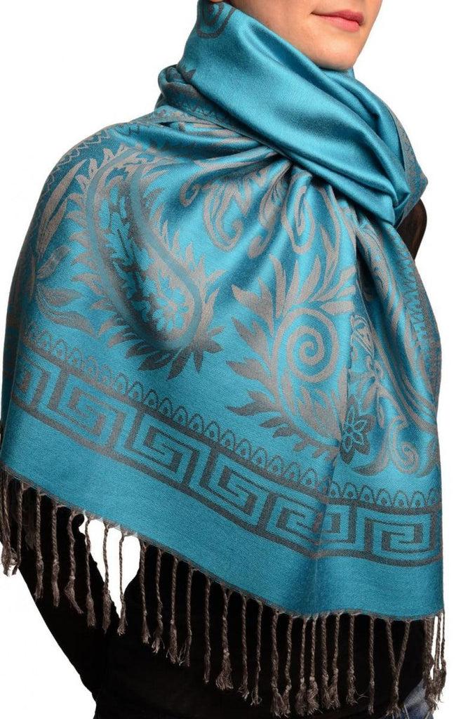 Liss Kiss Meander & Paisleys On Cerulean Blue Pashmina Feel With Tassels - Scarf
