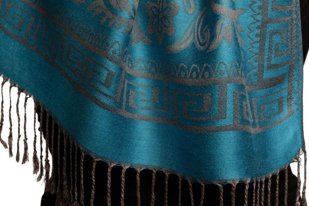 Liss Kiss Meander & Paisleys On Cerulean Blue Pashmina Feel With Tassels - Scarf