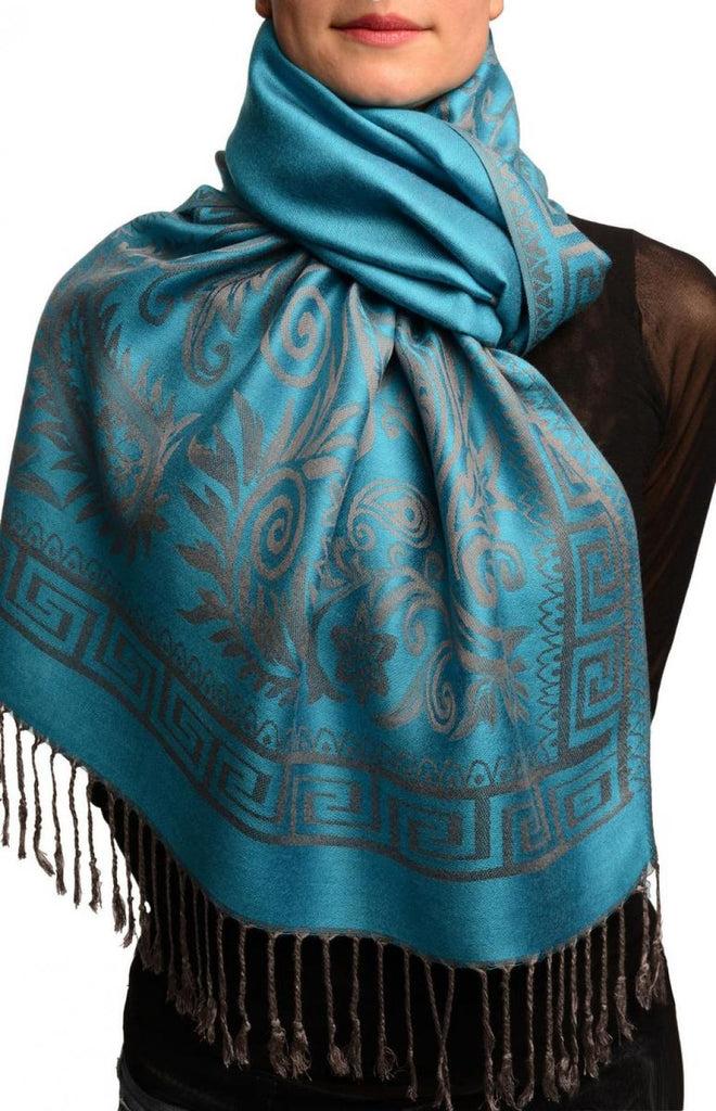 liss kiss Meander & Paisleys On Cerulean Blue Pashmina Feel With Tassels - Scarf