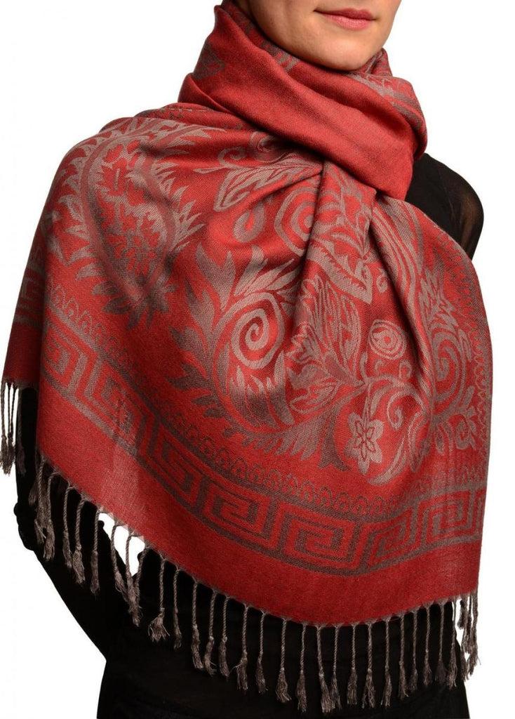 Liss Kiss Meander & Paisleys On Dark Red Pashmina Feel With Tassels - Scarf