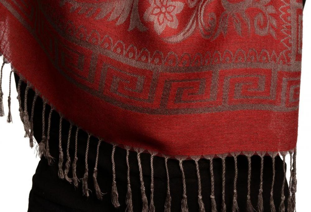 Liss Kiss Meander & Paisleys On Dark Red Pashmina Feel With Tassels - Scarf