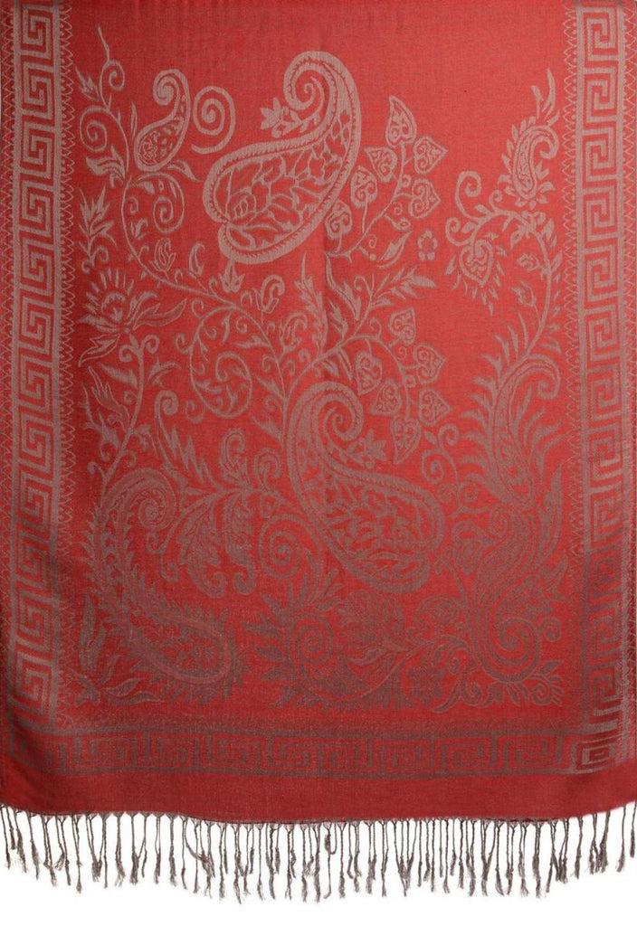 Liss Kiss Meander & Paisleys On Dark Red Pashmina Feel With Tassels - Scarf