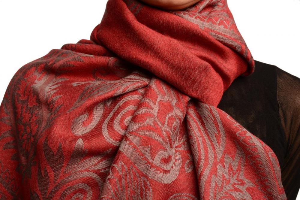 Liss Kiss Meander & Paisleys On Dark Red Pashmina Feel With Tassels - Scarf
