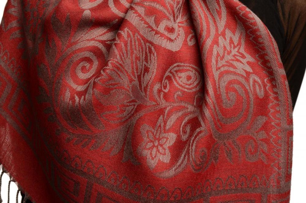 Liss Kiss Meander & Paisleys On Dark Red Pashmina Feel With Tassels - Scarf