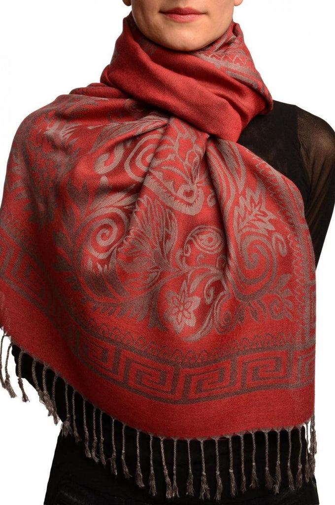 liss kiss Meander & Paisleys On Dark Red Pashmina Feel With Tassels - Scarf