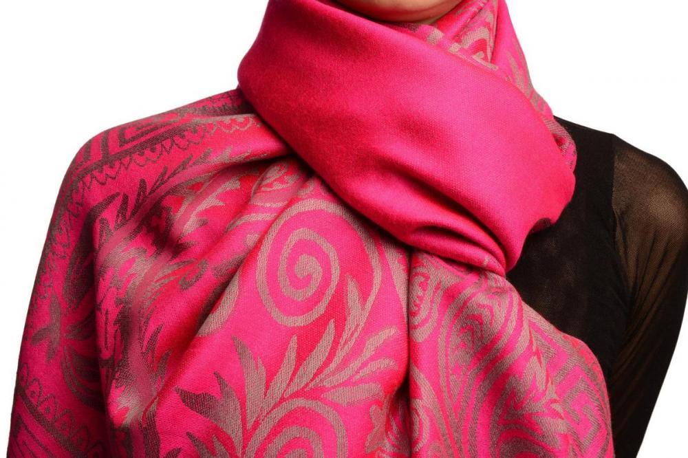 Liss Kiss Meander & Paisleys On Fuchsia Pink Pashmina Feel With Tassels - Scarf