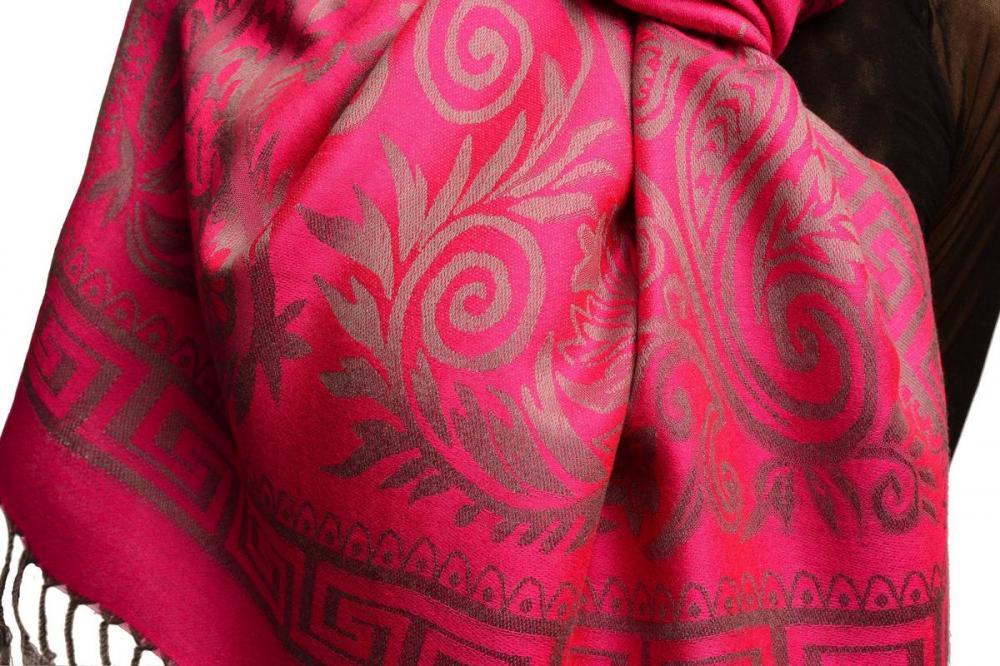 Liss Kiss Meander & Paisleys On Fuchsia Pink Pashmina Feel With Tassels - Scarf
