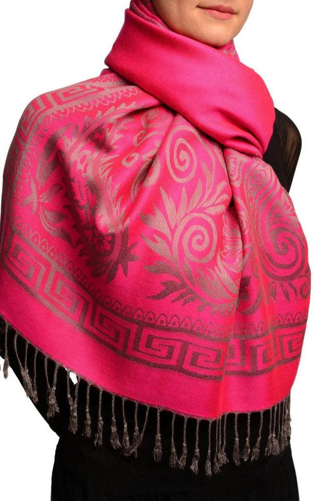 Liss Kiss Meander & Paisleys On Fuchsia Pink Pashmina Feel With Tassels - Scarf