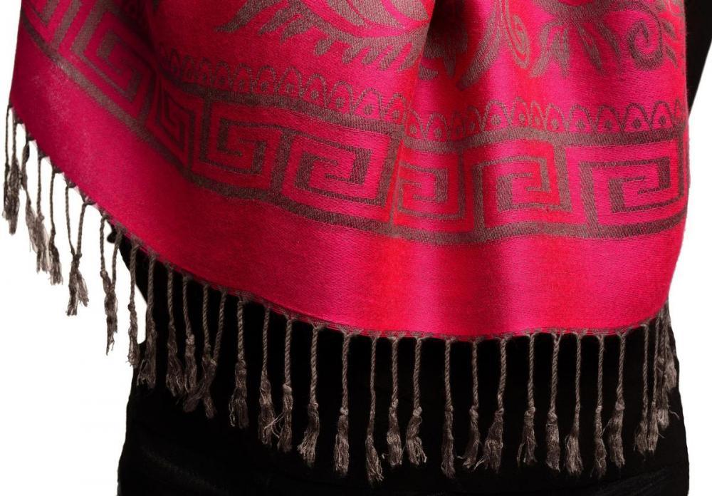 Liss Kiss Meander & Paisleys On Fuchsia Pink Pashmina Feel With Tassels - Scarf
