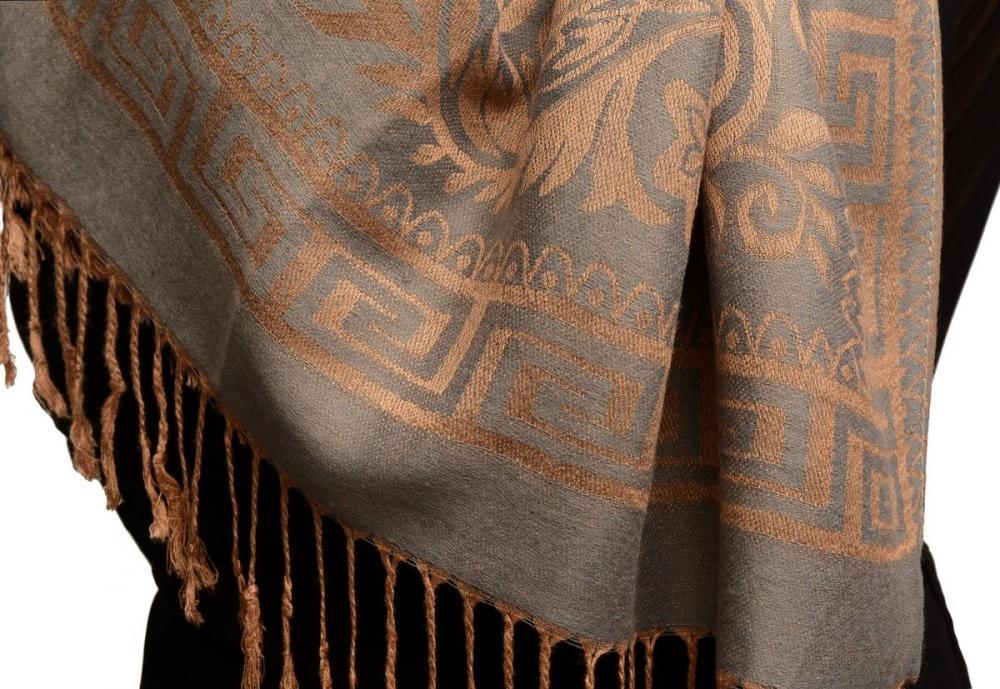 Liss Kiss Meander & Paisleys On Grey Pashmina Feel With Tassels - Scarf