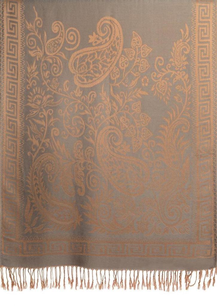 Liss Kiss Meander & Paisleys On Grey Pashmina Feel With Tassels - Scarf
