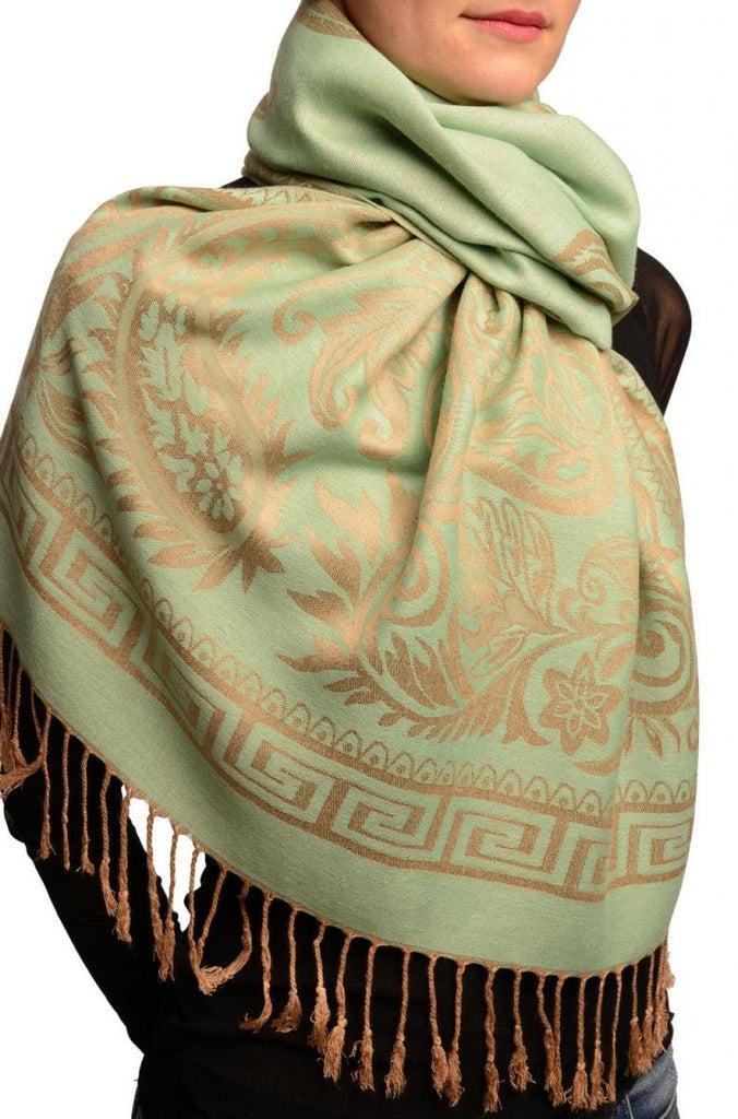 Liss Kiss Meander & Paisleys On Moss Green Black Pashmina Feel With Tassels - Scarf