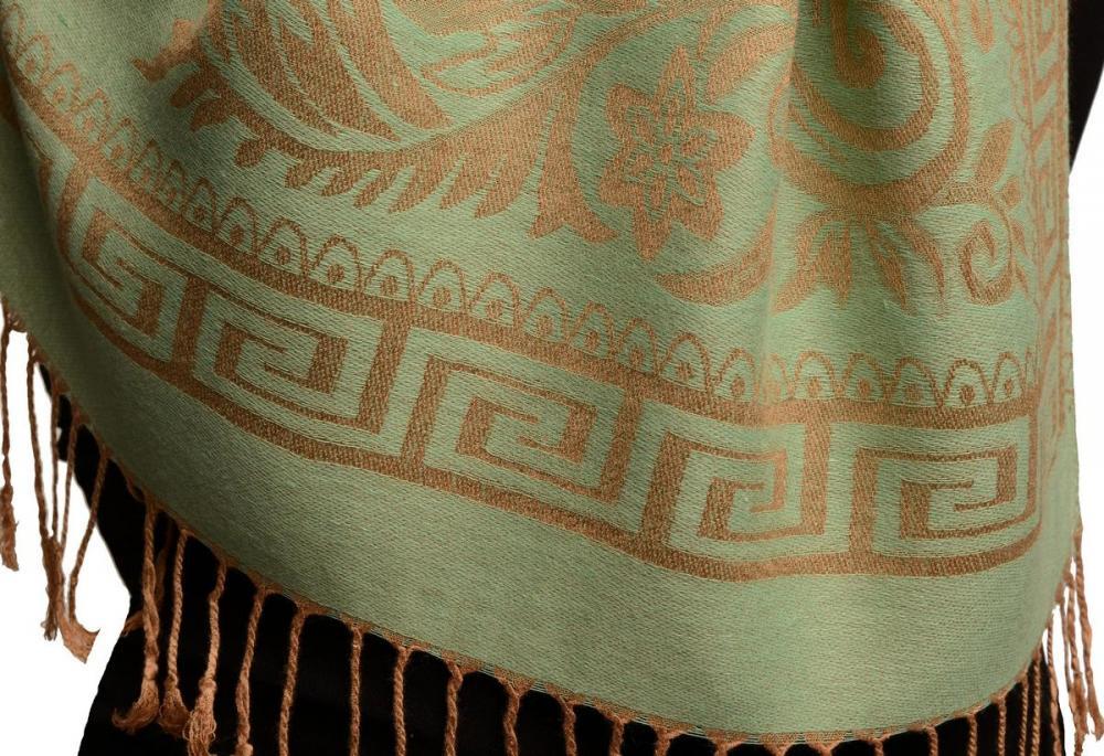 Liss Kiss Meander & Paisleys On Moss Green Black Pashmina Feel With Tassels - Scarf