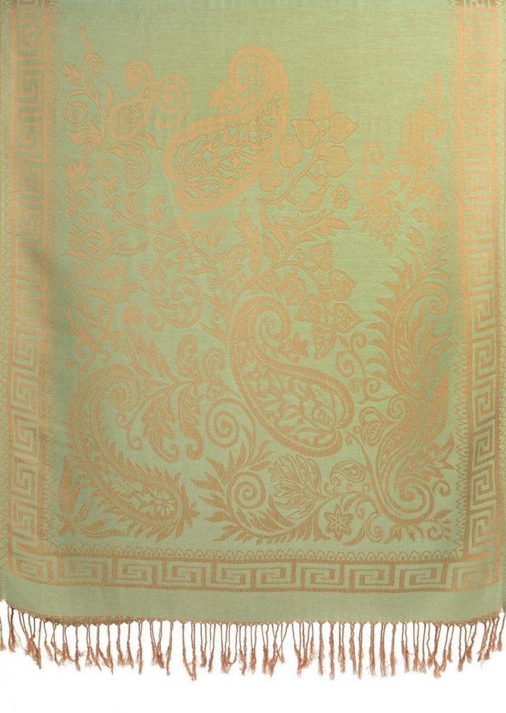 Liss Kiss Meander & Paisleys On Moss Green Black Pashmina Feel With Tassels - Scarf