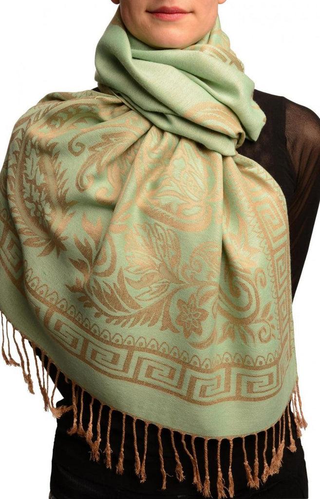 liss kiss Meander & Paisleys On Moss Green Black Pashmina Feel With Tassels - Scarf