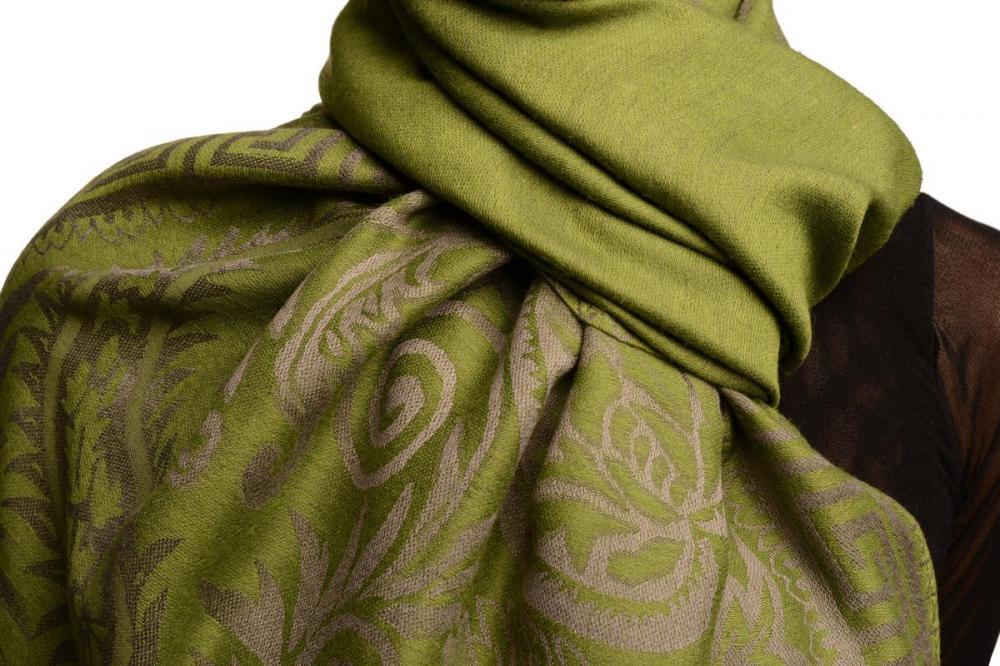 Liss Kiss Meander & Paisleys On Olive Green Pashmina Feel With Tassels - Scarf