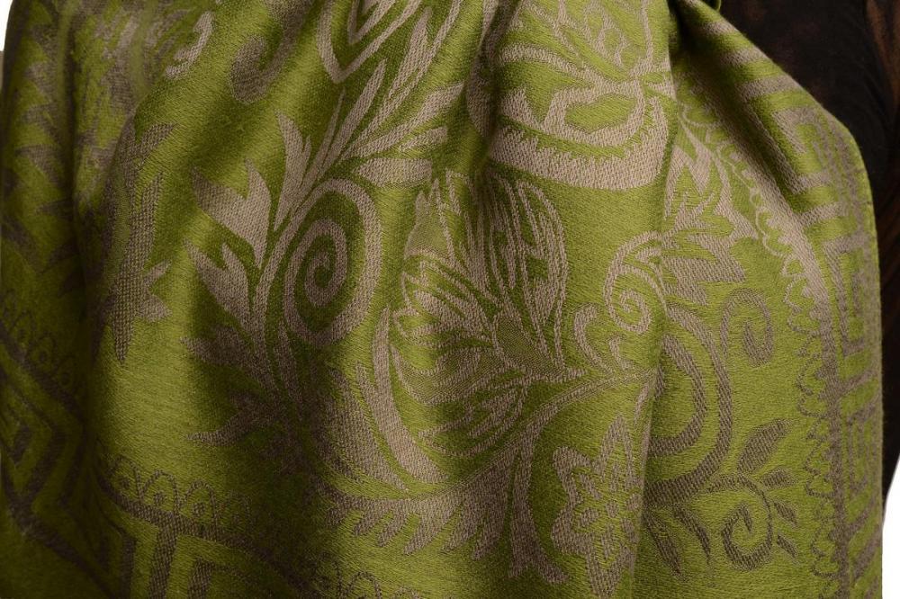 Liss Kiss Meander & Paisleys On Olive Green Pashmina Feel With Tassels - Scarf