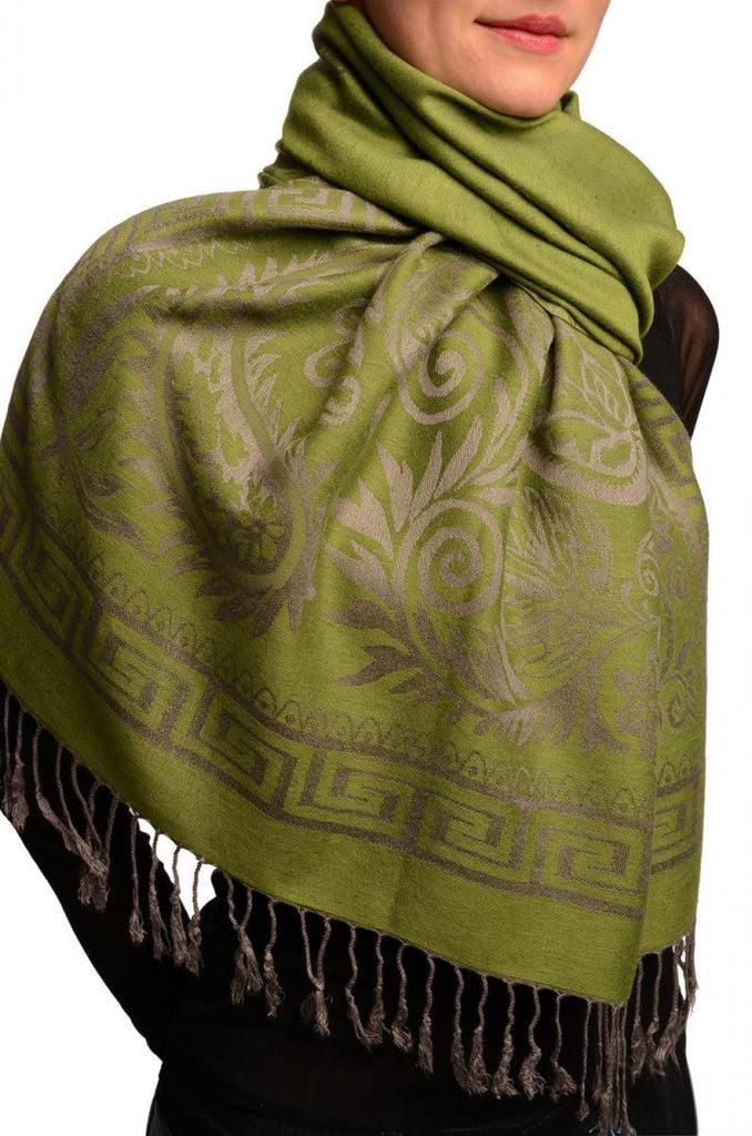 Liss Kiss Meander & Paisleys On Olive Green Pashmina Feel With Tassels - Scarf