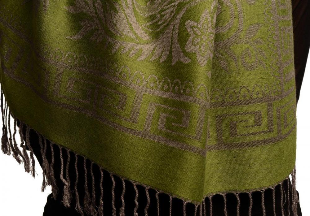 Liss Kiss Meander & Paisleys On Olive Green Pashmina Feel With Tassels - Scarf