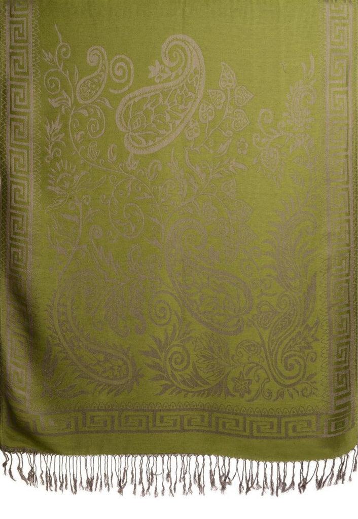 Liss Kiss Meander & Paisleys On Olive Green Pashmina Feel With Tassels - Scarf