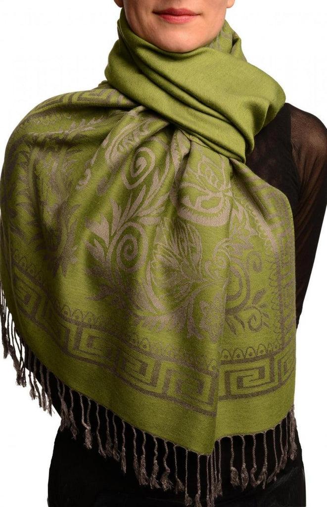 liss kiss Meander & Paisleys On Olive Green Pashmina Feel With Tassels - Scarf