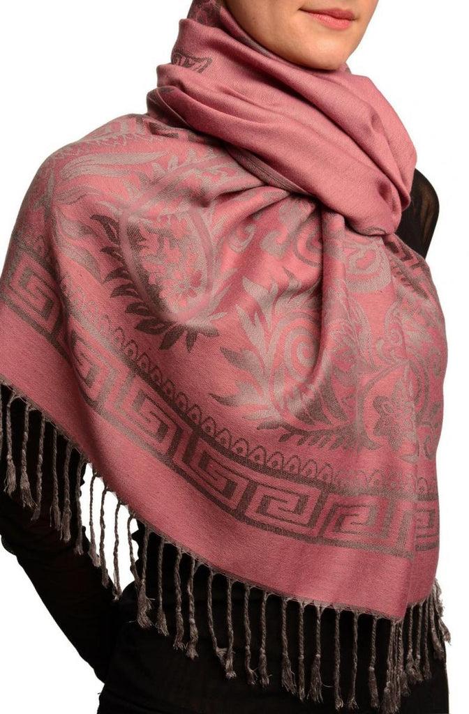 Liss Kiss Meander & Paisleys On Puce Pink Pashmina Feel With Tassels - Scarf