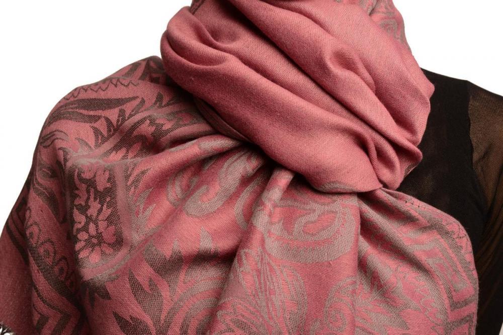 Liss Kiss Meander & Paisleys On Puce Pink Pashmina Feel With Tassels - Scarf